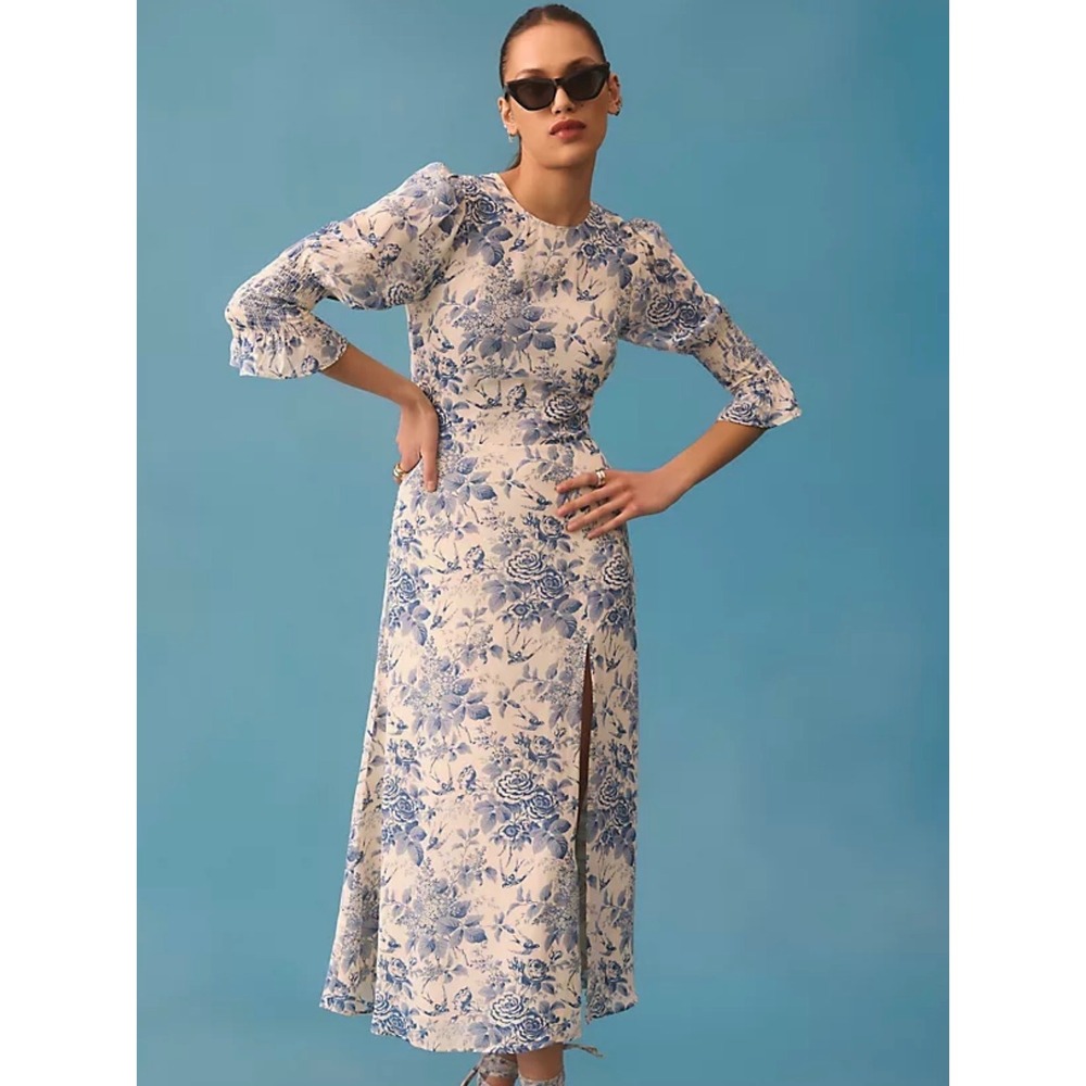 Moonsea floral toile midi dress smocked sz M romantic cottagecore coquette slit